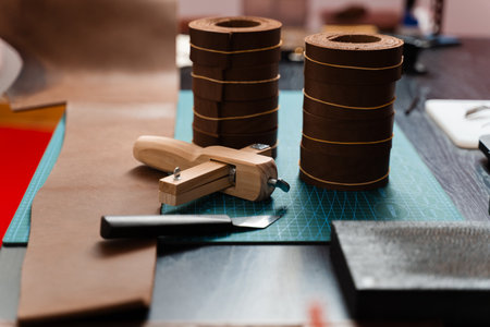 Sharp strap cutter and leather rolls, essential for crafting accurate belt straps. Leather rolls and...