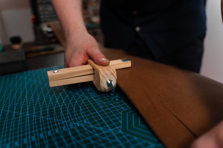 Craftsman preparing leather strap using wooden cutter on mat. Handmade leather belt preparation with wooden strap cutter on cutting mat. Artisan is cutting leather strip with wooden toolの写真素材
