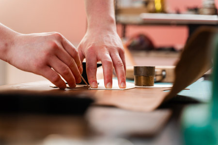 Leather Cutting with Pattern. Leather artisan uses templates to cut hides accurately. Leather...