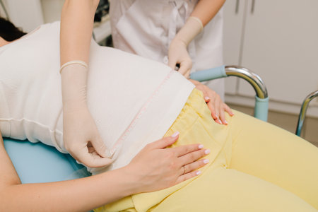 Gynecologist tracks the baby growth by measuring the expectant mother belly size at prenatal visit. Pregnancy checkup. Gynecologist measures mother belly to assess the baby growth and developmentの写真素材