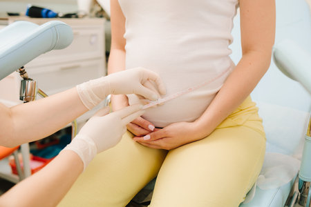 Gynecologist measures pregnant belly with measuring tape to follow the growth of the baby on the appointment. Gynecologist checks size of the woman belly in the clinicの写真素材
