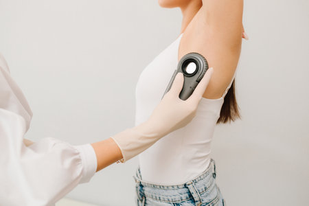 Dermatologist Examining Girl Skin with Dermatoscope. Dermatoscopic analysis aids in the detection of...