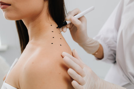 Markup skin from migraine and pain for therapy. Doctor draws markings on the skin of the back for migraine treatmentの写真素材