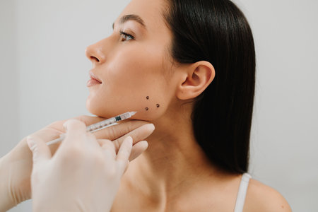 Bruxism injection facial for a treatment with botulinum toxin in an aesthetic medicine clinic. Bruxism injecting for teeth grinding by a cosmetologistの写真素材