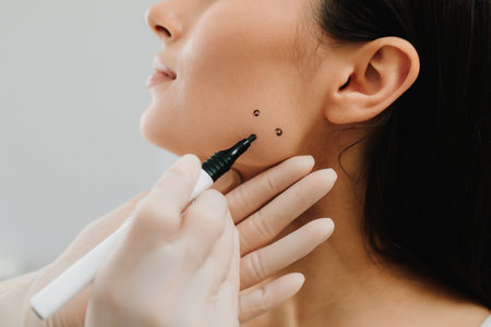 Bruxism injecting for teeth grinding by a cosmetologist. Bruxism injection facial for a treatment with botulinum toxinの写真素材