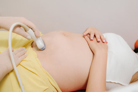 Gynecologist uses ultrasound scanner for gynecology checkup and tells patient about embryo on the appointment. Checking fetus health at the gynecology hospitalの写真素材