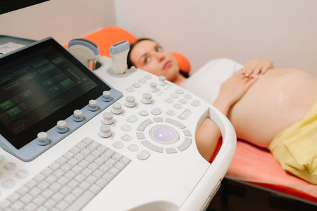 Checking fetus health at the gynecology hospital. Gynecologist uses ultrasound scanner for...
