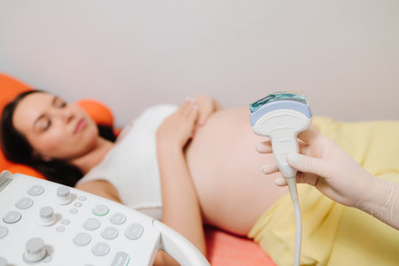 Applying gel to the ultrasound device eliminates air gaps for better sound transmission. Ultrasound Gel Application. Ultrasound gel is applied to the transducer for effective soundwave conduction.の写真素材