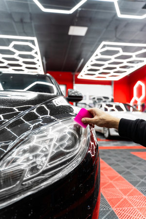 Headlight protective film installation uses a squeegee to smooth the film and remove air bubbles for a flawless finish. Detailer use squeegee tool to smooth headlight protection filmの写真素材