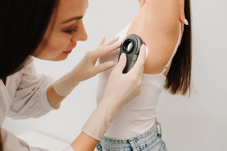 Dermatologist Examining Girl Skin with Dermatoscope. Dermatoscopic analysis aids in the detection of...