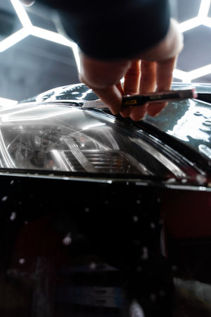 Installing protective film on headlights includes careful trimming with a precision knife. Trimming headlight protective film with a precision knife ensures perfect edges and a flawless finishの写真素材
