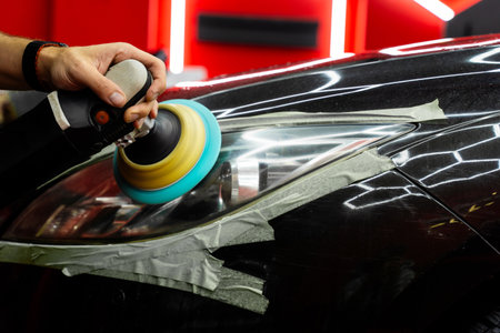 Headlight polishing uses polishing pad to remove minor haze and restore clarity in detailing. Headlight lens polishing to improve brightness and remove light oxidationの写真素材