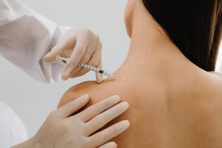 Remedy of headache problem and pain problems. Injection in marked dotes on back for migraine treatment by doctor. Preparation skin marking for migraine therapyの写真素材