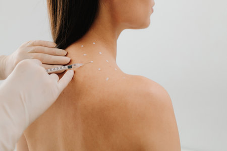 Injection in marked dotes on back for migraine treatment by doctor. Preparation skin marking for migraine therapy. Remedy of headache problem and pain problemsの写真素材