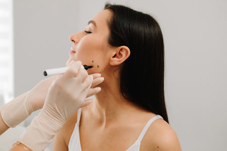 Bruxism injecting for teeth grinding by a cosmetologist. Bruxism injection facial for a treatment with botulinum toxin in an aesthetic medicine clinicの写真素材