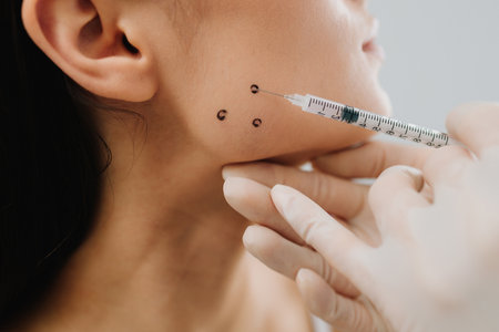 Bruxism injection facial for a treatment with botulinum toxin in an aesthetic medicine clinic. Bruxism injecting for teeth grinding by a cosmetologistの写真素材