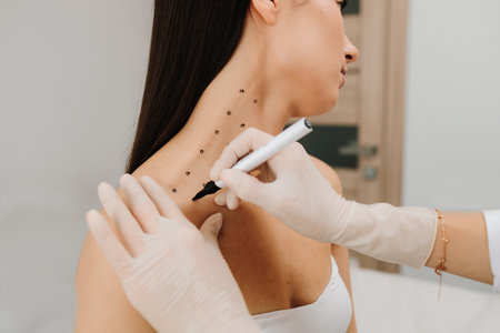 Cosmetologist is drawing dotes before botulinum toxin injection in platysma of a woman. Improving neck by a professional. Female aesthetic cosmetology. Mark up before Nefertiti liftingの写真素材