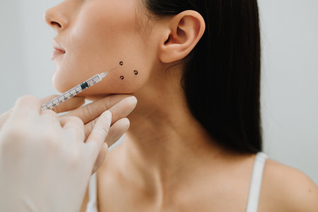 Bruxism injection facial for a treatment with botulinum toxin. Bruxism injecting for teeth grinding by a cosmetologistの写真素材