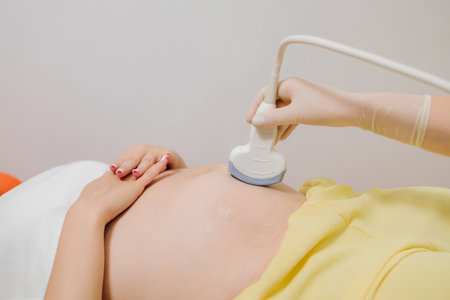 Gynecologist uses ultrasound scanner for gynecology checkup and tells patient about embryo on the appointment. Checking fetus health at the gynecology hospitalの写真素材