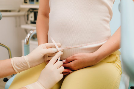 Gynecologist checks size of the woman belly in the clinic. Gynecologist measures pregnant belly with measuring tape to follow the growth of the baby on the appointmentの写真素材