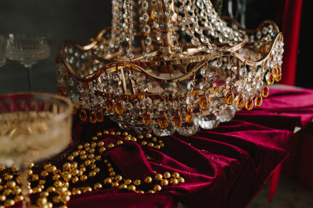 Sparkling champagne on Christmas table with crystal and candlelightの写真素材