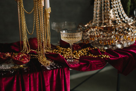 Sparkling holiday champagne on decorated Christmas table with ornamentsの写真素材