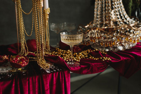Champagne on Christmas table with festive lights and crystal ornamentsの写真素材