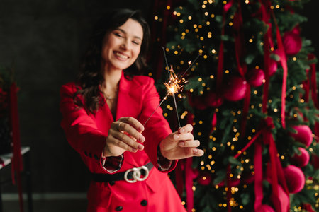 Woman holding sparkler smiles by Christmas tree in joyful festive atmosphereの写真素材
