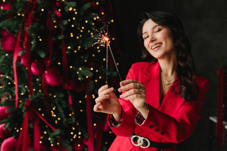 Smiling woman with sparkler celebrating festive Christmas and New Year holidaysの写真素材