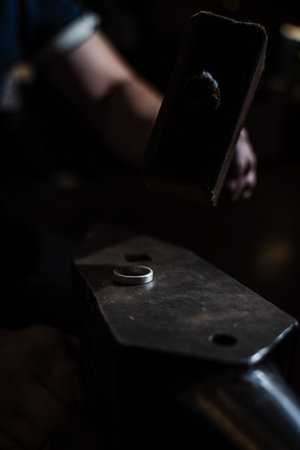 Ring being formed with hammer on anvil by jeweler