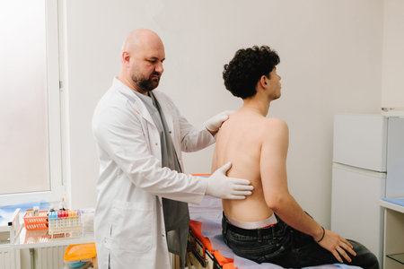 Renal palpation by urologist to assess kidney discomfort in patientの写真素材