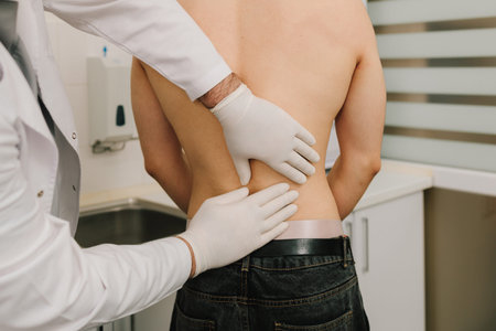 Patient undergoing renal palpation by urologist to evaluate kidney painの写真素材