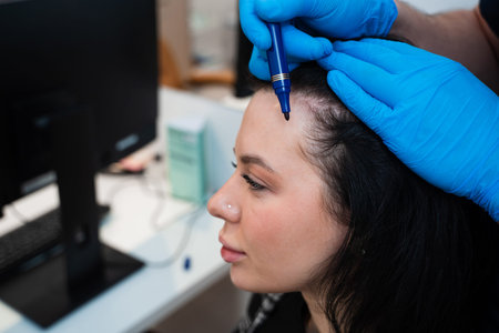 Scalp marked by hair transplant surgeon for natural hairline planningの写真素材