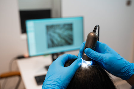 Trichology examination using digital trichoscope for hair and scalp health