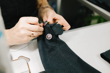 Designer sews hems by hand on garments, achieving accurate tailoring and apparel qualityの写真素材