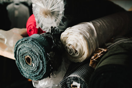 Fabric rolls stacked on shelf, ready for cutting, sewing, and garment productionの写真素材