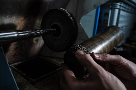 Close up of artisan refining bracelet with polishing machine