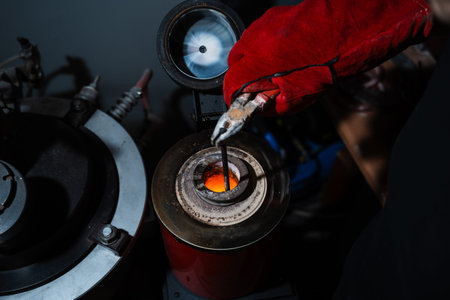 Molten gold heated inside a crucible during jewelry production