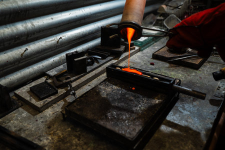 Casting process with molten gold poured into mold