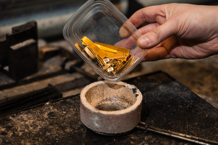 Jeweler placing gold into a crucible prior to meltingの写真素材