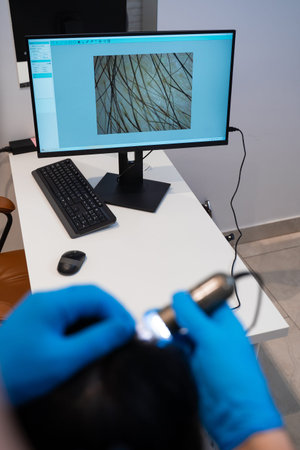 Trichology scalp and hair examination with digital trichoscope deviceの写真素材