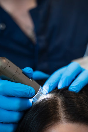 Digital trichoscope used for scalp and hair follicle examinationの写真素材