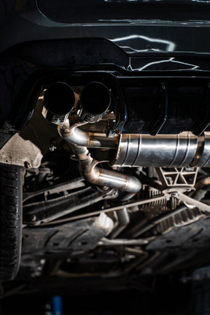 Close-up of installed custom exhaust tip on performance car after automotive tuningの写真素材