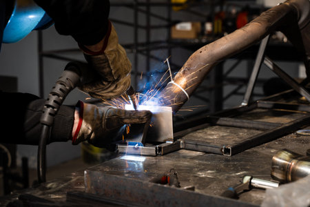 Worker welds steel with shielded arc using flux-coated electrode