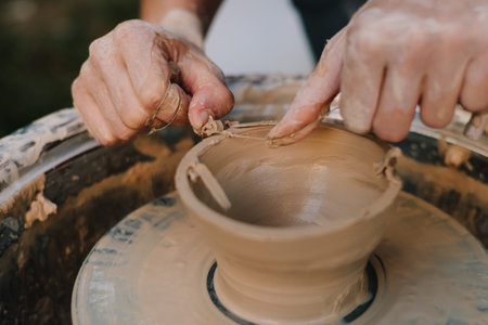 Potter shaping clay bowl on a wheel. Clay spins gently under hands as potter forms bowl. Clay...