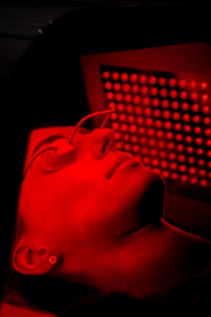 LED dome facial treatment performed with protective goggles in clinicの写真素材