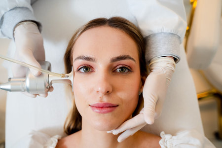 Cosmetology CO2 laser resurfacing to restore smooth skin on female face