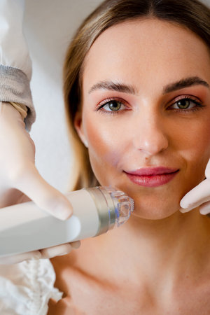 Medical cosmetology facial lifting with fractional needle RF radiofrequency procedureの写真素材