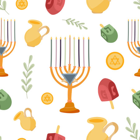 Happy Hanukkah seamless pattern, Jewish Festival of Lights background for greeting card, invitation, banner, raster versionの写真素材
