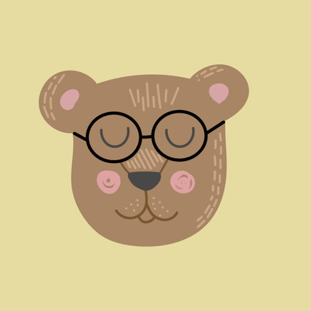 Cute funny bear face or head wearing glasses. Funny doodle animal. Little bear in cartoon style. Isolated on yellow background. Colorful hand drawn illustration.の写真素材